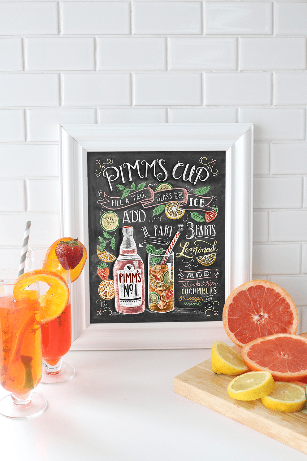 Hand-illustrated Pimm's Cup recipe for your bar cart decor