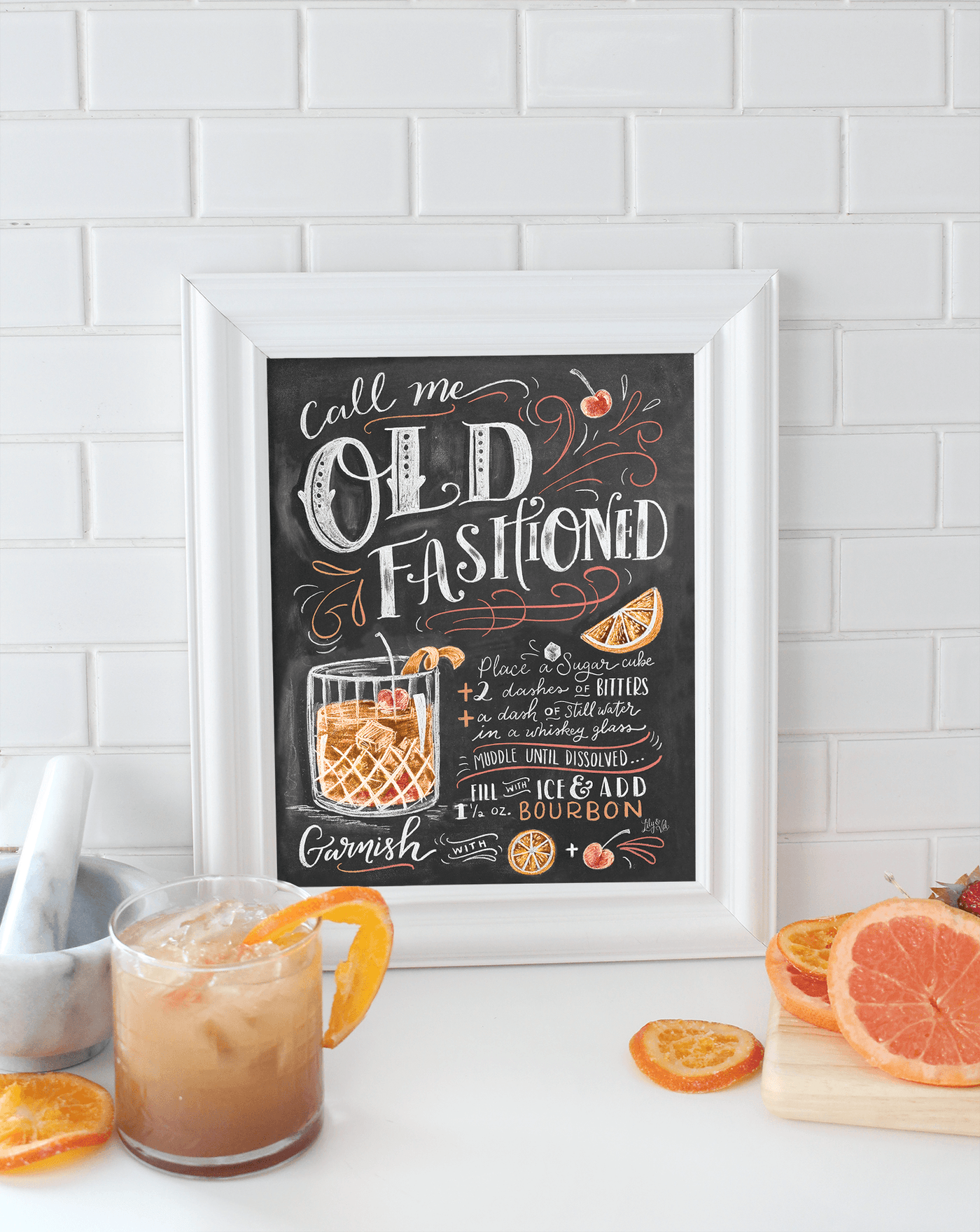 Hand-illustrated Old Fashioned recipe for your bar cart decor