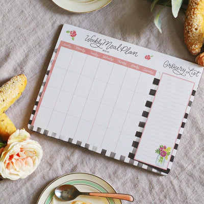 Farmhouse Gingham Meal Planner Pad & Grocery List - Lily & Val